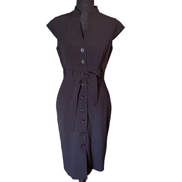 Calvin Klein Black Cap Sleeve Belted Button Front Sheath Dress - Picture 1 of 7